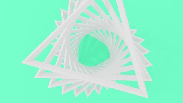 3D animation computer render of white triangle flying up and twist around. 4K seamless loop animation.