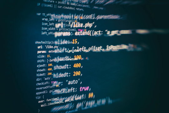 Developer programming code. Abstract computer script code. Programming code screen of software developer. Software Programming Work Time.