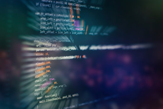 Developer programming code. Abstract computer script code. Programming code screen of software developer. Software Programming Work Time.
