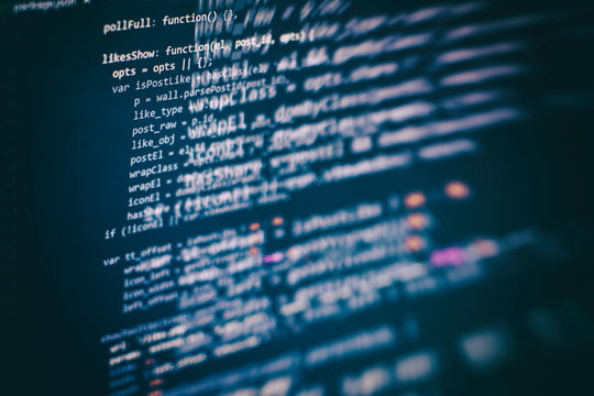 Developer programming code. Abstract computer script code. Programming code screen of software developer. Software Programming Work Time.