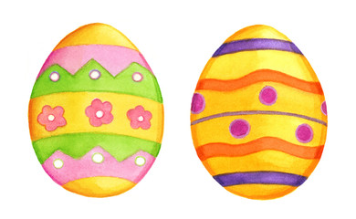 Easter eggs isolated on white background, watercolor hand drawn illustration of cute, colorful Easter symbol.