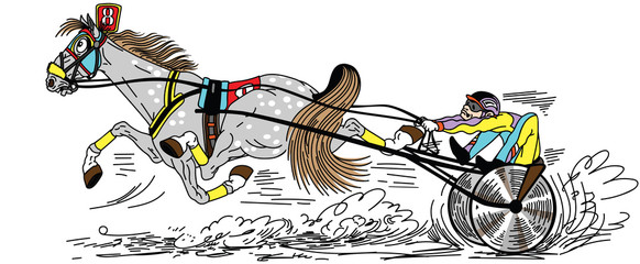 cartoon harness horse racing . Fast running trotter pulling a two wheeled cart a sulky  occupied by a driver . Side view vector illustration
