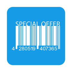 Icono plano código de barras con texto SPECIAL OFFER en cuadrado color azul