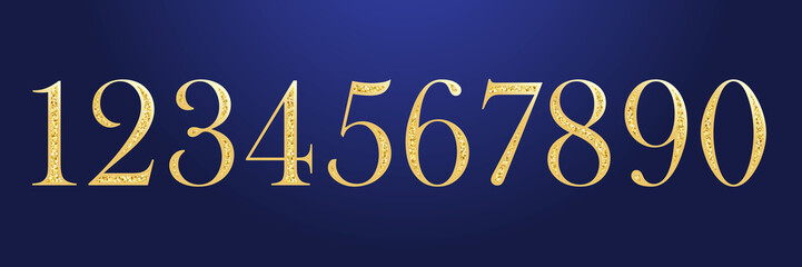 Anniversary numbers set from zero to nine. Isolated abstract golden graphic design template. Decorative glittering years old symbols. Vector illustration. Retro typography, age or discount concept.