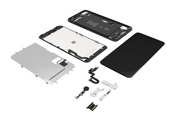 Flat Lay of smartphone components on white background 3d ilustration without shadow