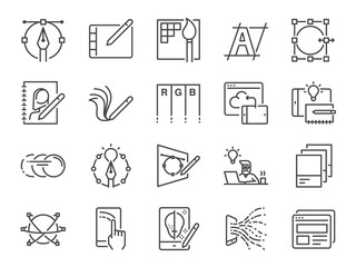 Digital design line icon set. Included icons as graphic designer, layout, tablet, mobile app, web design and more.