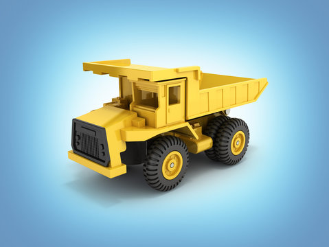 Yellow toy dump truck isolated on blue gradient background 3d render