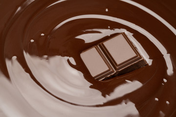 Macro of Melted dark or milk chocolate bar in swirl