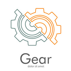 Logotipo abstracto con texto Gear con engranaje lineal dividido por la mitad en gris y naranja © teracreonte