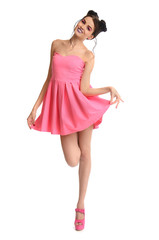 Beautiful charming sexy girl fashion model in short pink dress