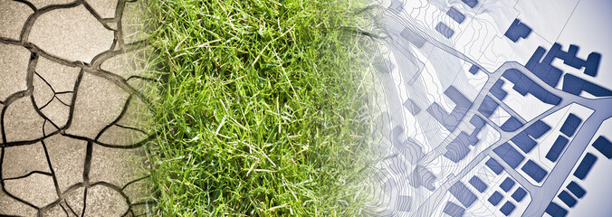 Cracked ground, green area and planning new city - from desert to a new city concept image