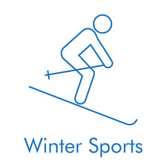 Logotipo con texto Winter Sports con icono lineal esquiador en color azul © teracreonte