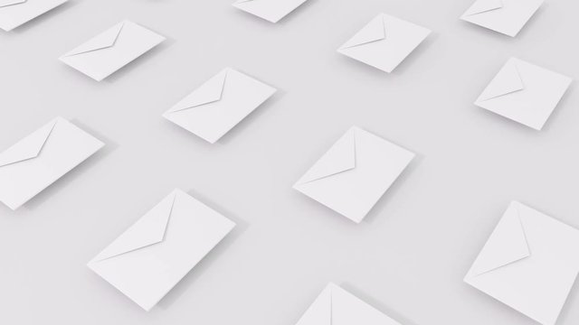 3D render animation of envelopes with flying up and change color. 4k loop footage.