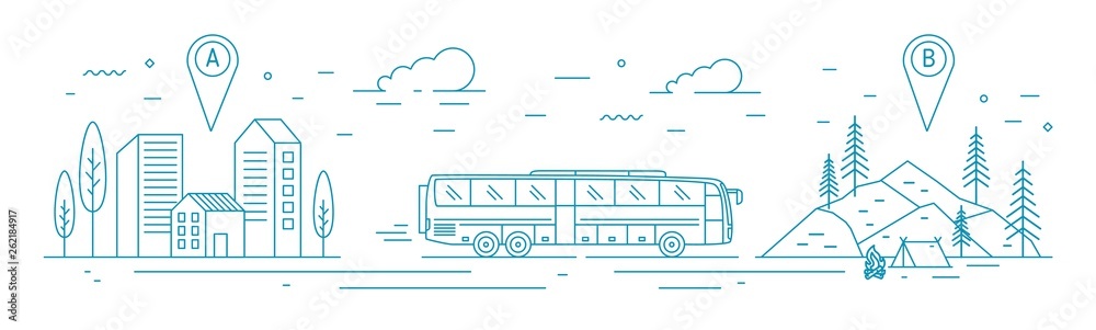 Poster monochrome banner template with bus riding from departure point towards forest camp at destination p
