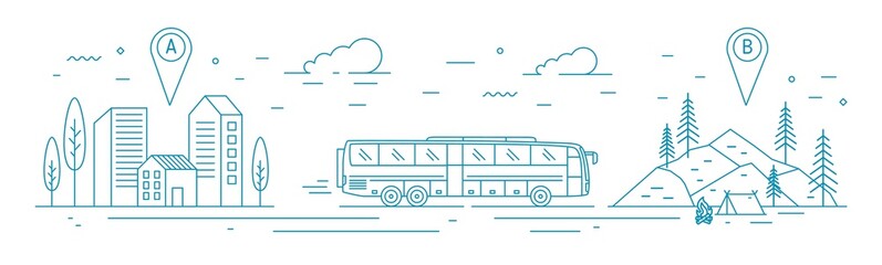Monochrome banner template with bus riding from departure point towards forest camp at destination point. Touristic transportation, travel transport service. Vector illustration in line art style. - obrazy, fototapety, plakaty