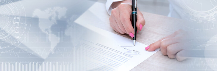 Woman signing a contract. panoramic banner