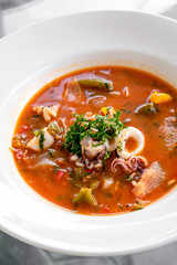 stewed squid seafood soup in spicy tomato and vegetable sauce