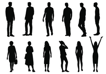 Vector silhouettes men and women standing, different poses,  business,  people, group,  black color, isolated on white background
