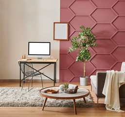 Working room decor with sofa and middle table, white and claret red wall.