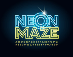Vector colorful Emblem Neon Maze. Bright set of Alphabet Letters, Numbers and Symbols 