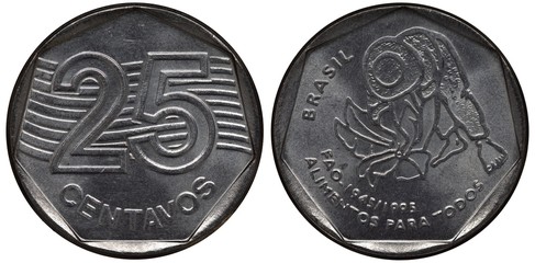 Brazil Brazilian stainless steel coin 25 twenty five centavos 1995, subject 50th Anniversary of...