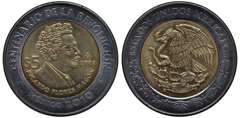 Mexico Mexican bimetallic coin 5 five pesos 2008, subject Centenary of Mexican revolution,...