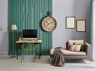 Green textures and grey wall concept living room, lamp and working table, clock and frame, grey sofa style.