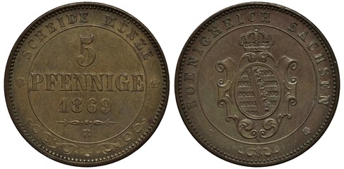 Germany German Saxony Saxon copper coin 5 five pfennige 1869, value and date within central circle, oval with stripes in front of garnished shield, crown above,