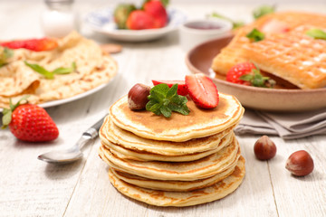 pancake, crepe and waffles with fruits
