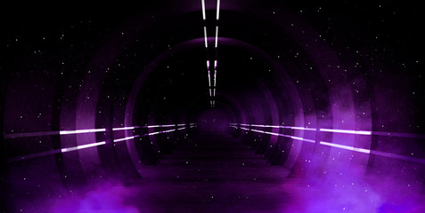  Light tunnel, dark long corridor with neon lamps. Abstract purple background with smoke and neon lights. Concrete floor, symmetrical reflection and mirroring. 3D illustration.