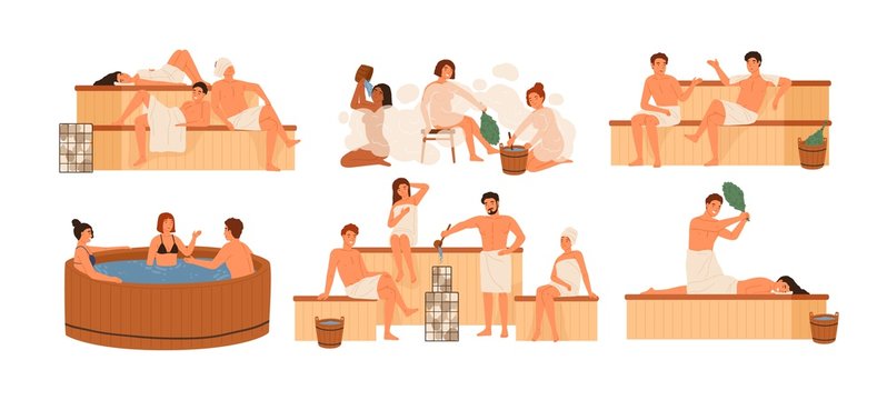 Collection of people bathing in sauna or banya full of steam. Set of happy men and women taking bath, washing their bodies. Activity for wellness and recreation. Flat cartoon vector illustration.