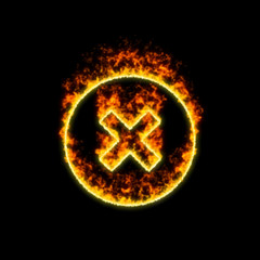 The symbol times circle burns in red fire