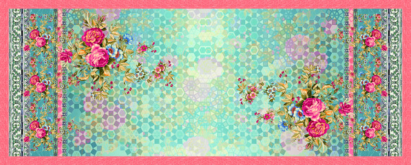 Cotton fabric seamless floral flower with digital abstract background