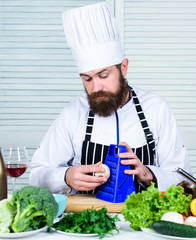 Food blogger. Chef man in hat. Secret taste recipe. Dieting and organic food, vitamin. Vegetarian. Mature chef with beard. Healthy food cooking. Bearded man cook in kitchen, culinary
