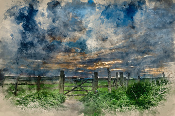 Watercolour painting of Beautiful English countryside landscape over fields at sunset