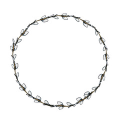 A round wreath of delicate willows. Template for spring and summer greeting cards.