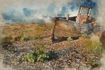 Fototapeta na wymiar Watercolor painting of Abandoned fishing boat on beach landscape at sunset
