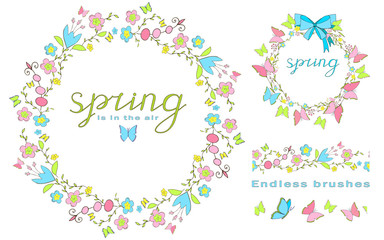 Spring is in the air. Lettering. Floral wreath with butterflies and ribbon. Endless floral brushes. Butterfly isolated on a white background. EPS 10