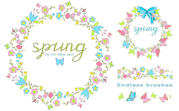 Spring is in the air. Lettering. Floral wreath with butterflies and ribbon. Endless floral brushes. Butterfly isolated on a white background. EPS 10