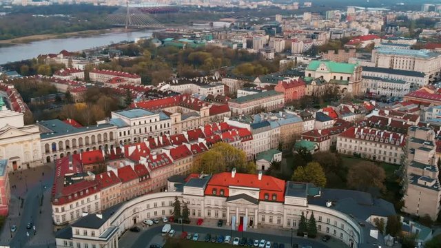 Beauty of Warsaw old town residential square blocks, drone shot