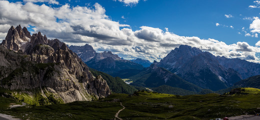 Majestic high mountain view of Dolomites mountain when hiking around Tre Cime trail, Italy
