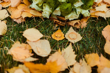 wedding rings on a background of flowers