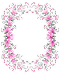 Hand drawn painting watercolor pencils and paints pink magnolia flowers isolated on white background