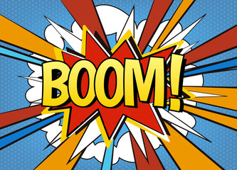 Komische tekstballon Boom! Explosief stripboek, vectorstijlsjabloon voor strips, popart-carto