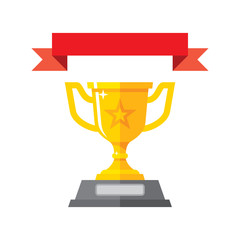 Cup winner and ribbon creative icon vector illustration in flat style design. Champion award concept sign. Leadership happy successful. Victory prize tropy graphic design symbol.  - obrazy, fototapety, plakaty