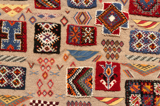 Set of banners with textures of berber traditional wool carpet with geometric pattern, Morocco, Africa