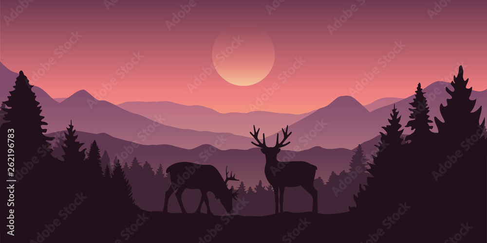 Wall mural two reindeer in the mountains with forest landscape vector illustration EPS10