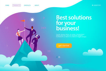 Vector web page design template - business solutions, consulting, marketing, support concept. People standing on mountain peak with winner flag. Success team work. Landing page. Mobile app, web banner
