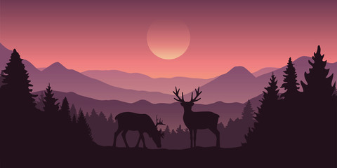 two reindeer in the mountains with forest landscape vector illustration EPS10