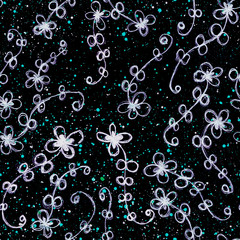 a dark background with blue dots and white flowers drawn